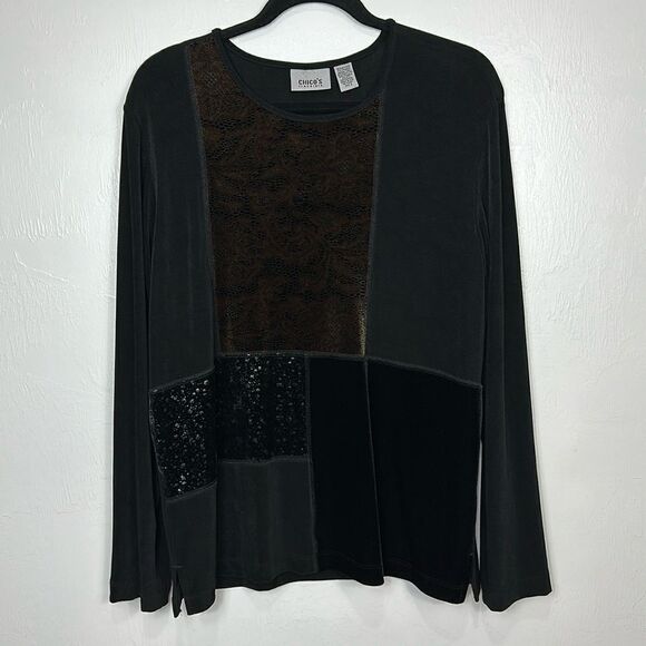 Chico’s Travelers Long Sleeve Patchwork Beaded Animal Print Top Size XL - Picture 1 of 9